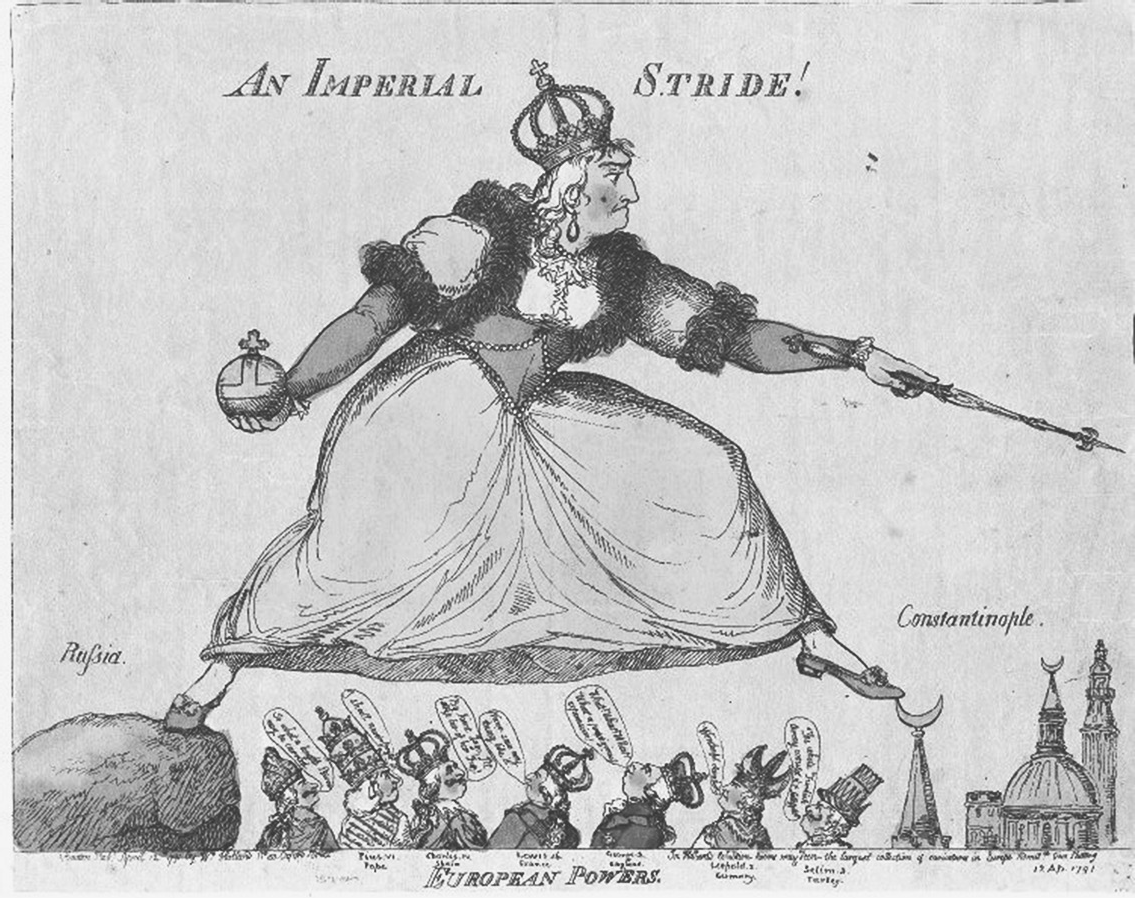 A cartoon, titled An Imperial Stride, features Catherine the Great of Russia holding a globus cruciger in one hand and a scepter in the other hand. She places one foot on a rock labeled Russia, and the other foot on the top of a spire with a crescent on the top. Various European powers are between the rock and the spire.