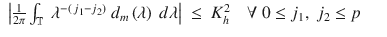 $$\displaystyle\begin{array}{rcl} \left \vert \frac{1} {2\pi }\int _{\mathbb{T}}\ \lambda ^{-\left (\,j_{1}-j_{2}\right )}\ d_{ m}\left (\lambda \right )\ d\lambda \right \vert \ \leq \ K_{h}^{2}\quad \forall \ 0 \leq j_{ 1},\ j_{2} \leq p& &{}\end{array}$$