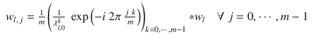 $$\displaystyle\begin{array}{rcl} w_{l,\,j} = \frac{1} {m}\left ( \frac{1} {\lambda _{l,0}^{k}}\ \exp \left (-i\ 2\pi \ \frac{j\ k} {m}\right )\right )_{k=0,\cdots \,,m-1} {\ast} w_{l}\quad \forall \ j = 0,\cdots \,,m - 1& &{}\end{array}$$