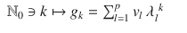 $$\displaystyle\begin{array}{rcl} \mathbb{N}_{0} \ni k\mapsto g_{k} =\sum _{ l=1}^{p}v_{ l}\ \lambda _{l}^{\ k}& &{}\end{array}$$