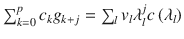 $$\sum _{k=0}^{p}c_{k}g_{k+j} =\sum _{l}v_{l}\lambda _{l}^{j}c\left (\lambda _{l}\right )$$