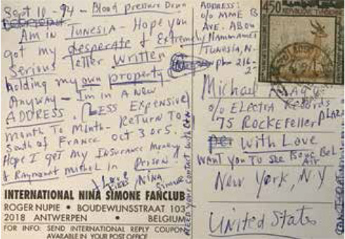 Postcard from Nina Simone, 1994. (Author Collection)