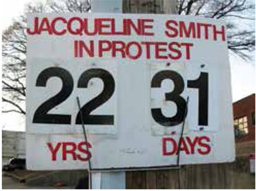 Historic sign showing how long Jacqueline Smith has been standing in protest outside the Lorraine Motel, Memphis, Tennessee, 2010. (Author Collection)