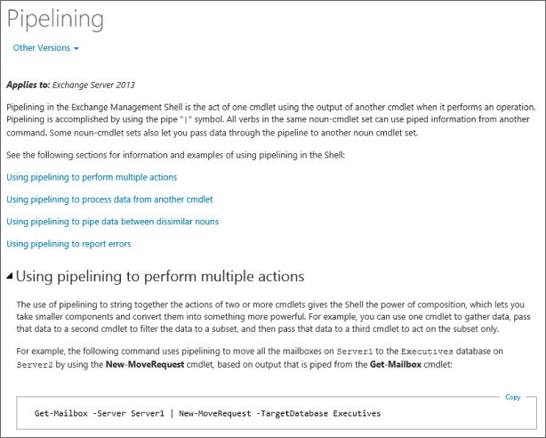 Screenshot of Pipelining window with text below Applies to: Exchange Server 2013 at the top.