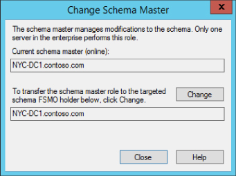 Screenshot of Change Schema Master dialog with Close, Change and Help buttons around fields.