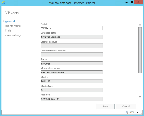 Screenshot of General section of the Mailbox database dialog box.