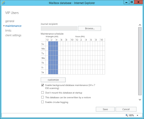 Screenshot of Maintenance section of the Mailbox database dialog box.