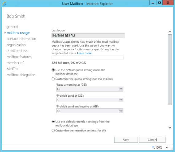 Screenshot of User mailbox dialog with mailbox usage tab selected and options at the right.