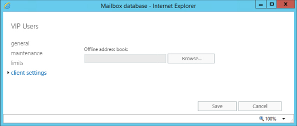 Screenshot of client settings section of the Mailbox database dialog box.