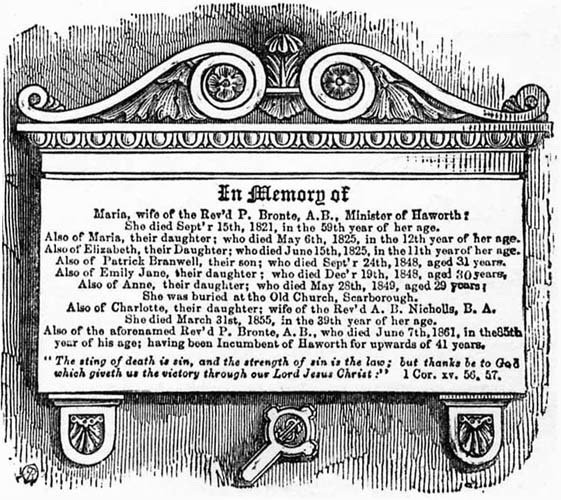 A plaque in memory or Rev. Brontë's deceased wife and children.