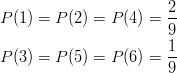 P(1)& =P(2)=P(4)=\frac{2}{9}\ P(3)& =P(5)=P(6)=\frac{1}{9}