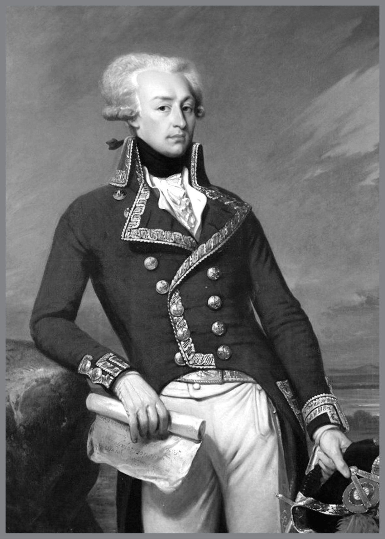 Marquis de Lafayette, Major General in the Continental Army, friend of George Washington and Benjamin Franklin, in 1790, at the age of thirty-three. Lafayette was privileged to carry Franklin’s private correspondence by hand between Philadelphia and France during the war. Portrait by Jean-Baptiste Weyler.