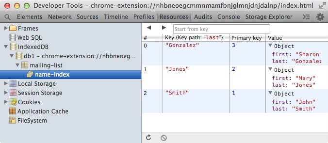 IndexedDB index shown in Developer Tools