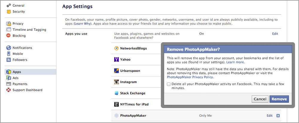 Revoking an app’s Facebook authorization