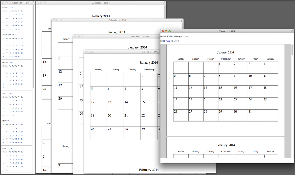 calendar rendered six different ways