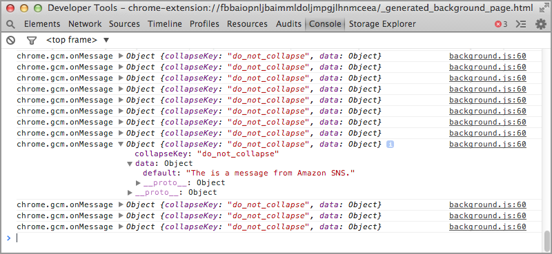 Console log from Chrome App showing a message