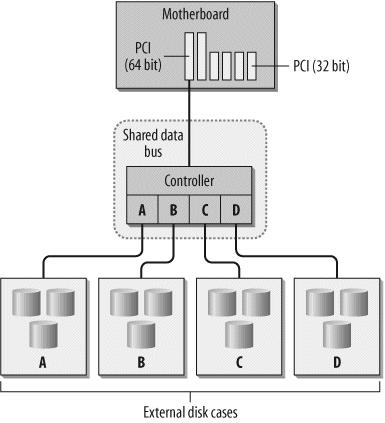 My web server contains a quad-channel SCSI controller. Three disks are connected to each channel.