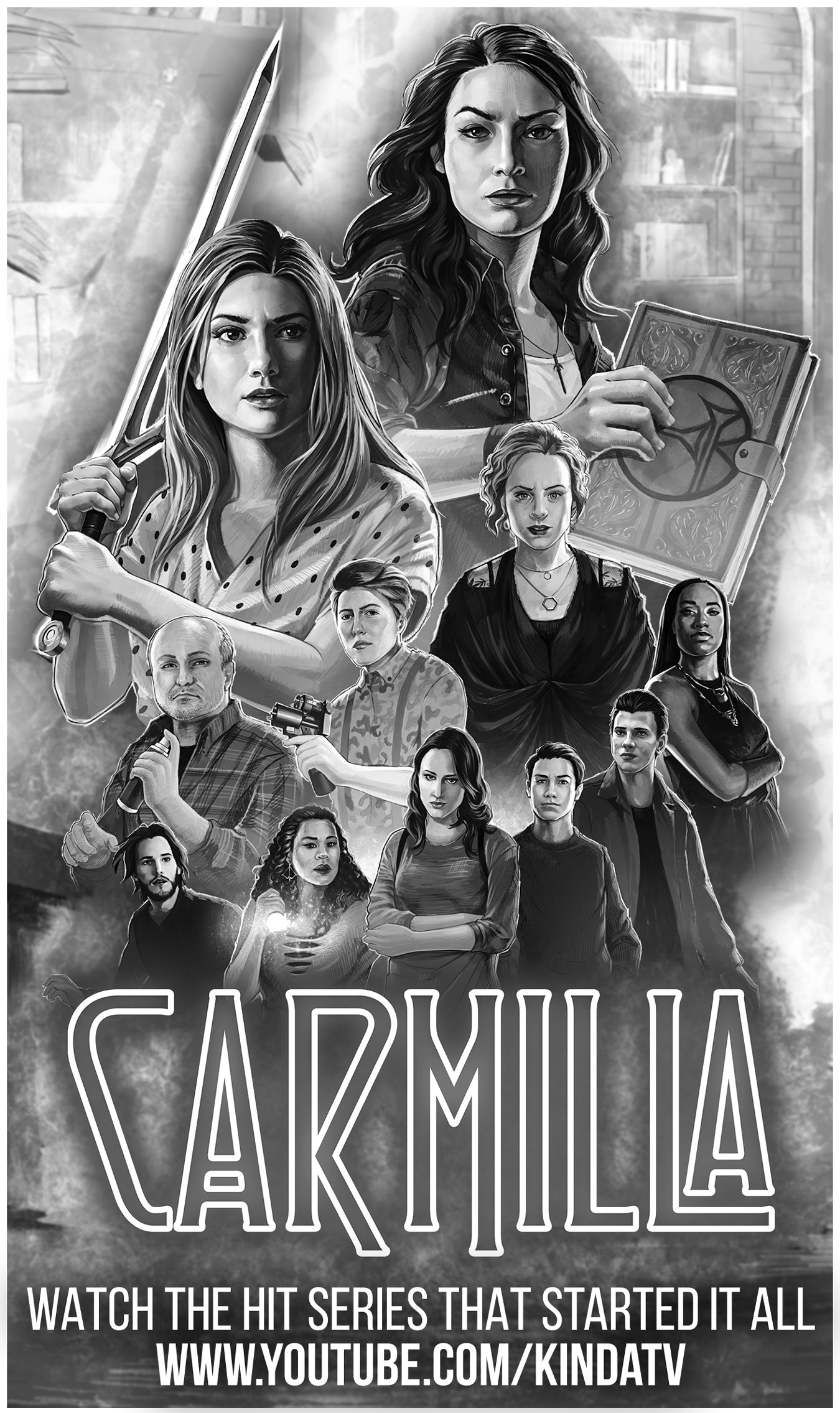 Advertisement: Carmilla. Watch the hit series that started it all. www.youtube.com/kindatv. Black and white illustration of characters from the series.