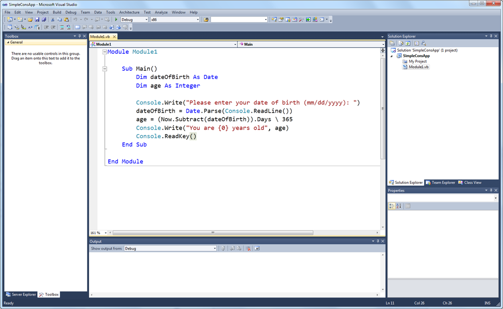 The Visual Studio 2010 IDE showing a new console application and a few lines of code.