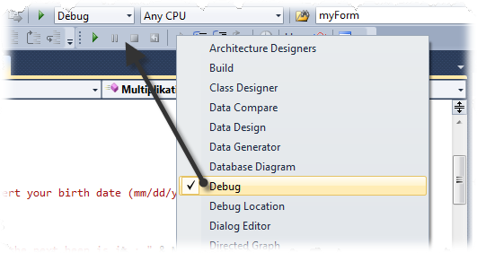 Open the context menu by right-clicking the empty space in the Toolbar to display additional Toolbars. The Debug Toolbar provides easy access to many debugging functions.