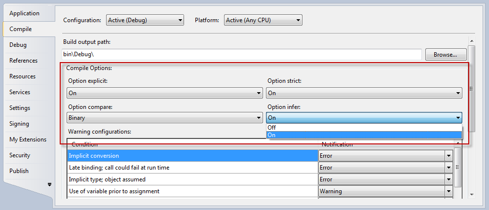 Setting the local type inference option on the Compile tab.