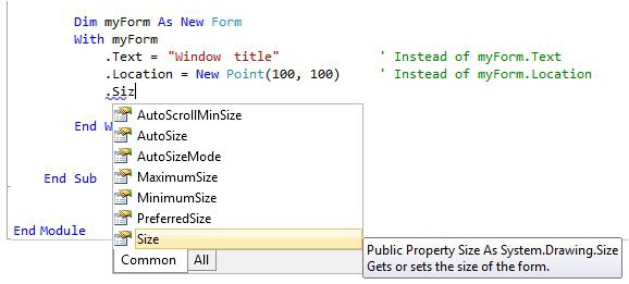 In a With ... End With block, use the period to access the list of methods and properties of the object, which was specified behind With.