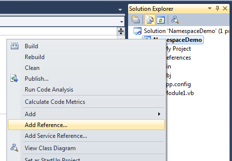 Add a reference to an additional assembly to your project by opening the context menu in Solution Explorer and then clicking Add Reference.