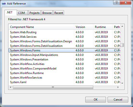 Use the Add Reference dialog box to select the assemblies that your project should reference.