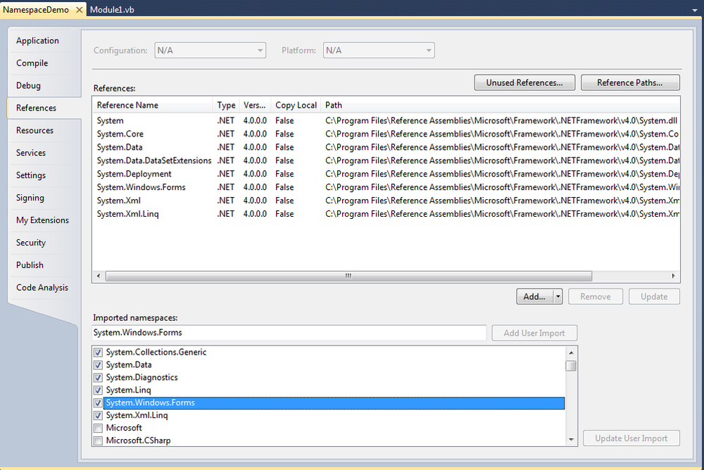 In the project properties, the References tab shows a reference to all assemblies as well as the namespaces. The selected namespaces are pre-imported automatically.