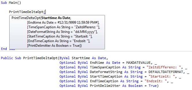 For signatures, IntelliSense not only shows you the variable names, but also the default values used to initialize the parameters when you omit them.