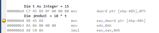 The Disassembly window shows how the individual lines of your program look from the processor’s point of view: These are real byte sequences that represent the Assembler op-codes (the data the processor understands as commands).