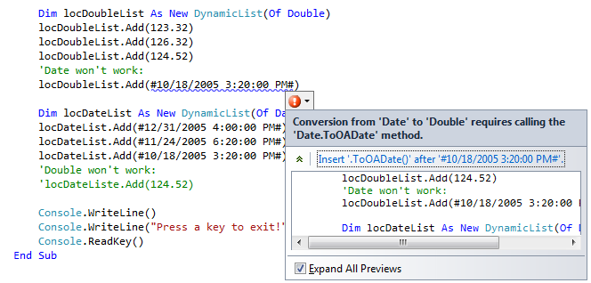 With type-safe classes, the Editor displays an error message at design time if you try to add a value of the wrong type to the list.