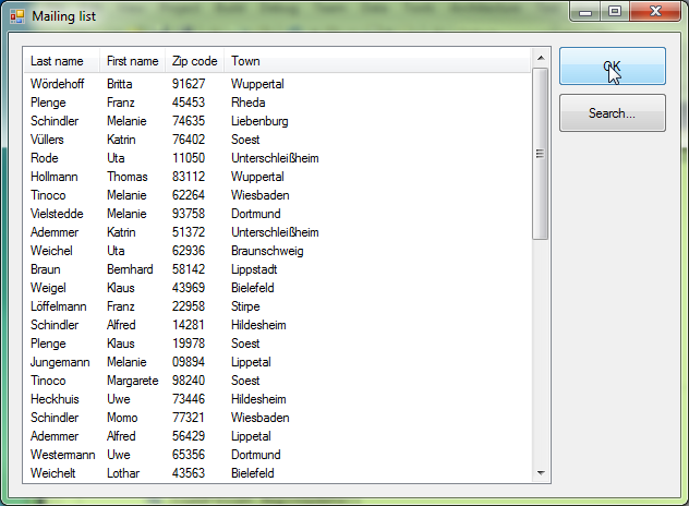 In this address list, sort and lookup are controlled with the column headers.