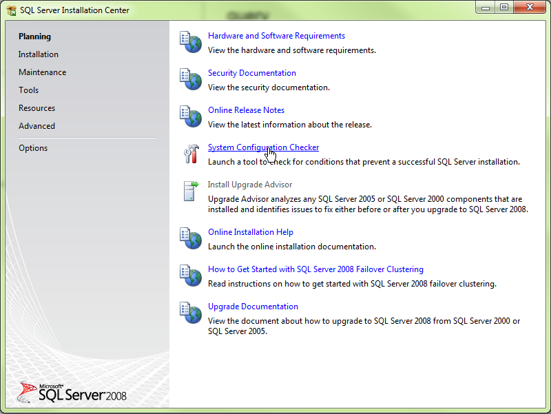 The SQL Server Express installation file first takes you to the SQL Server Installation Center. First, run a system configuration check before starting the actual installation (don’t do this if you are using Windows 7; just skip that step).