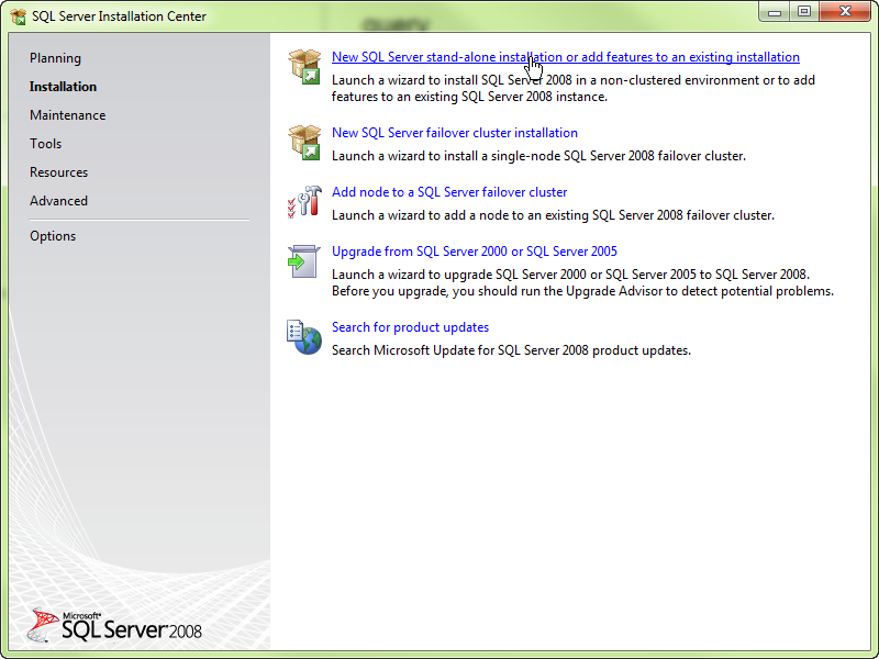 In the left pane of the dialog, click Installation, and then in the right pane, click the upper link to commence installation of the Express Edition of SQL Server 2008.