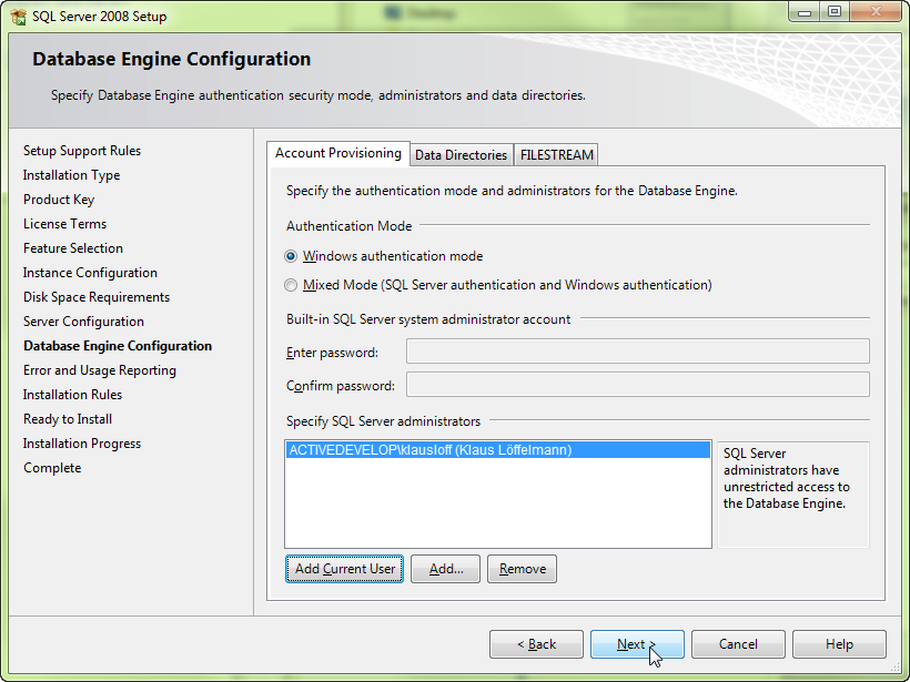 In the Database Engine Configuration dialog box, you specify the authentication mode the instance should use and add a user as SQL Server administrator to the database instance.