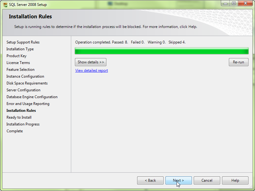 The installation rules have been confirmed successfully, and you’re ready to install the database services.