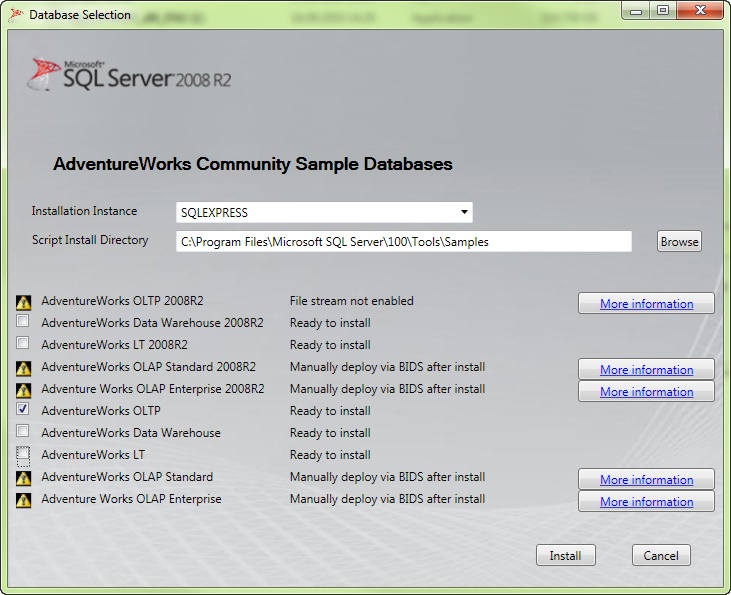 Set the database instance and script install directly where you want to install the AdventureWorks database and scripts. Ignore the warnings; they are not important for this book.