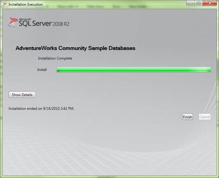 The last window of the AdventureWorks database installation.