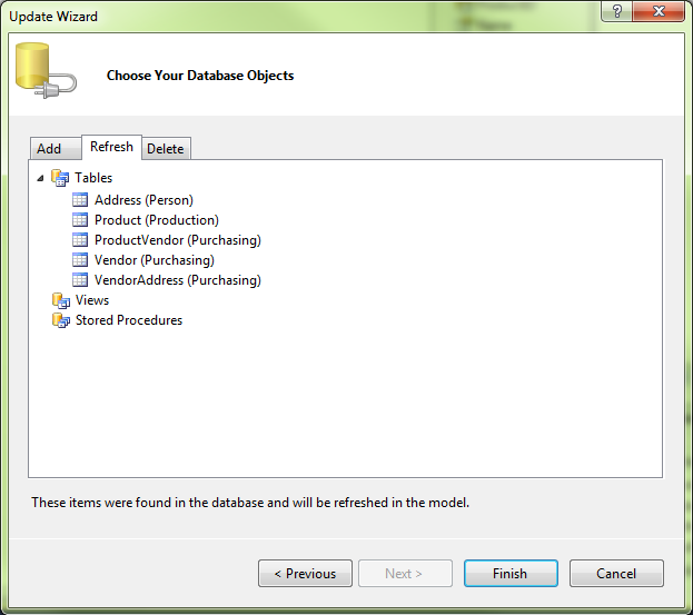 During a data model update, you can add new tables, views, or stored procedures. Using the Update Wizard, you can see which objects have been updated and which were deleted when they no longer exist in the database