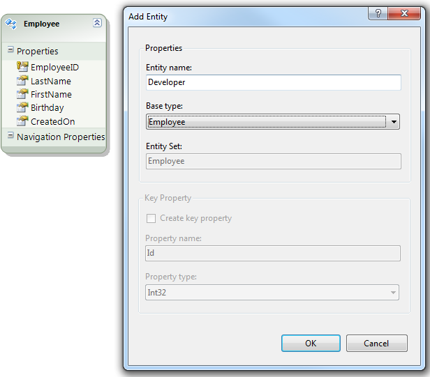 Adding the entity Developer derived from Employee via the context menu of the Designer.