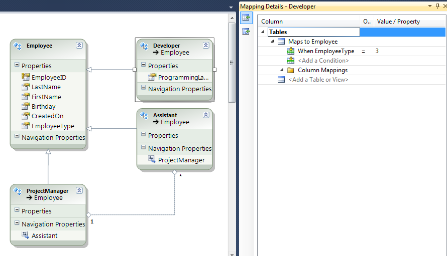 In the Mapping Details for a developer: EmployeeType=3 describes a developer, EmployeeType=1 a project manager, and an assistant has EmployeeType=2. Additional fields for the project managers, developers, and assistants are still missing (such as programming languages for the developer, and so on).