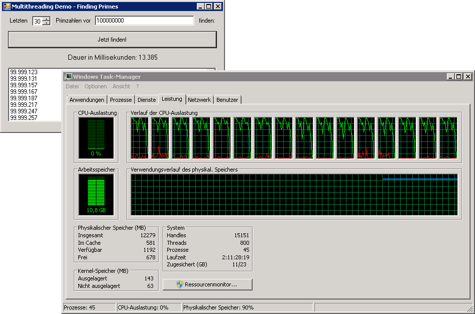 Thanks to the TPL of .NET Framework 4.0, you can fully utilize the performance of a modern multicore/multiprocessor system. Again, this image was captured on a German Windows multicore system.