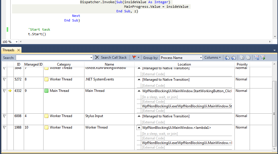 In the Threads window, you can see that the Worker Thread and the Main Thread are waiting for each other. This is a typical deadlock situation.