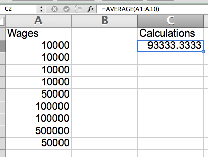 The average shown here is the total of all 9 cells with numbers divided by 9 - even though 10 cells are specified it ignores the text cell