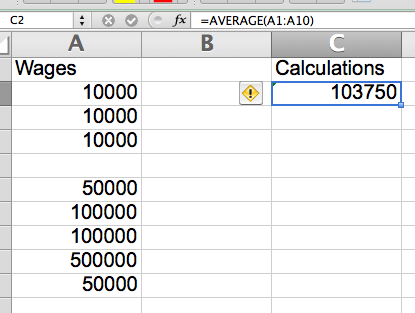 The average shown here is the total of all 8 cells with numbers divided by 8 - even though 10 cells are specified it ignores the text cell and the empty cell