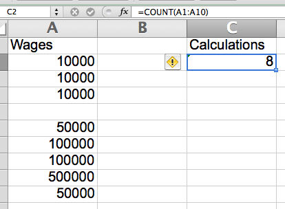 The formula only counts the cells containing numbers - not headings or empty cells