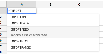 When you begin typing the formula you should get a list of options including IMPORTFEED