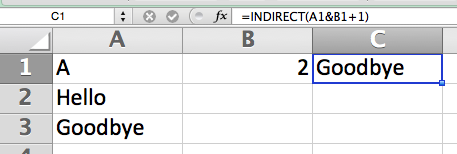 In this example B1 contains the number 2 but the formula adds 1 to that, so the final result references cell A3