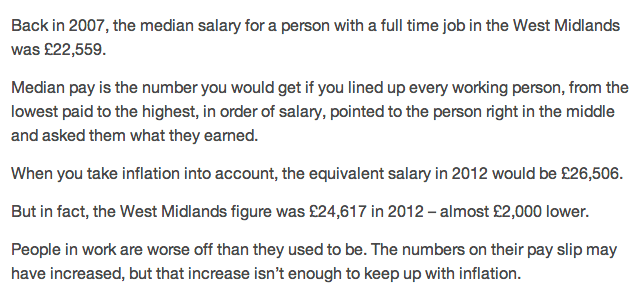 Text from an article about falling wages, which uses a median average